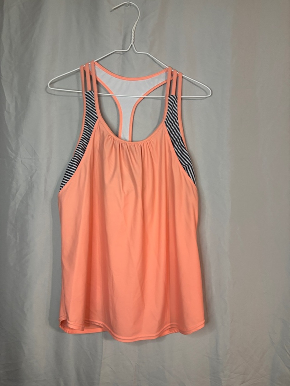 Coral Racerback Tank with Black & White Striped Accents
